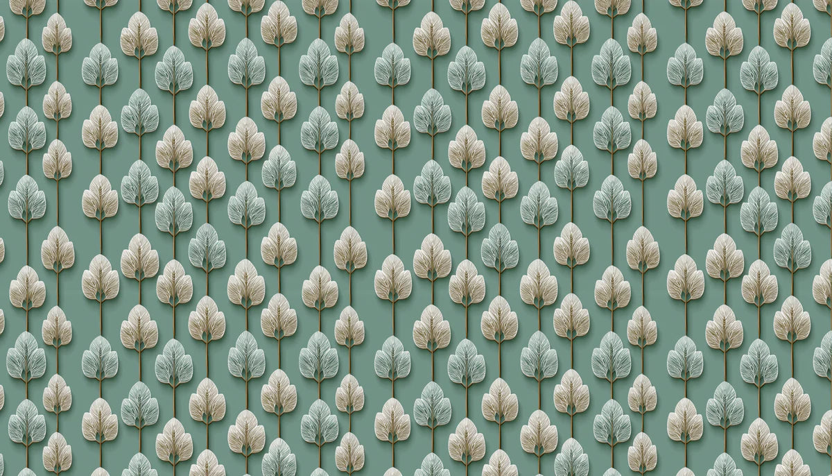 Stylized Botanical Mural Wallpaper — Teal Leaf Grid Pattern Mural Wallpaper - room preview 04