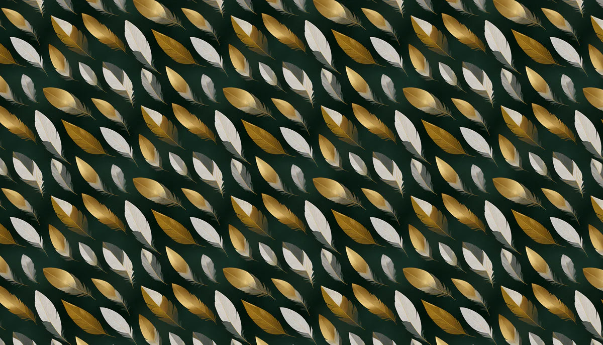 Gilded Feather Pattern Mural Wallpaper — Deep Green Botanical Mural Wallpaper - room preview 04