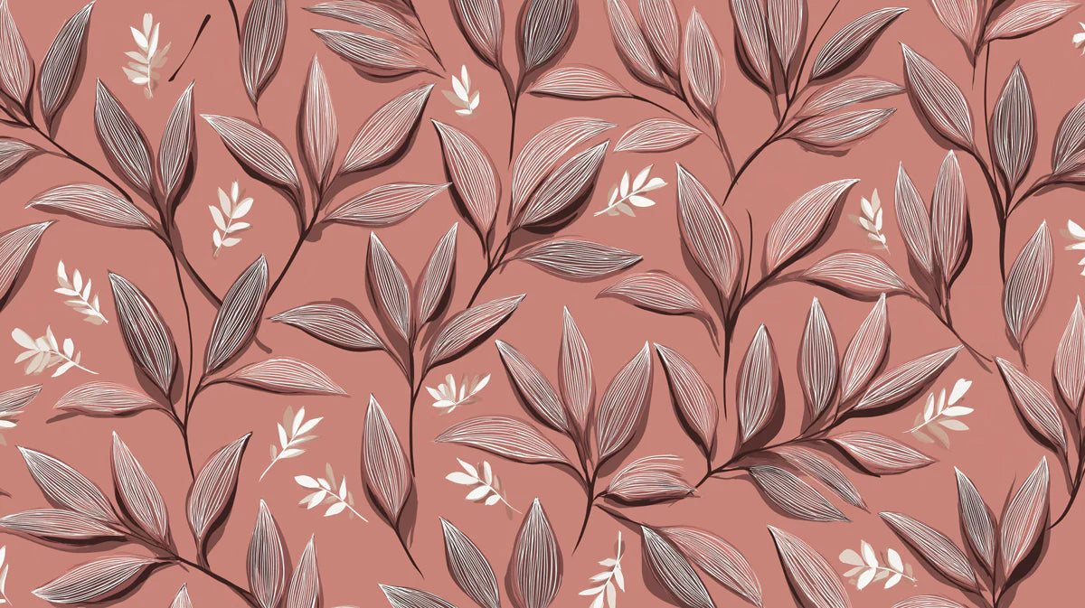Dusty Rose Botanical Mural Wallpaper with Intricate Leaf Line Art Mural Wallpaper - room preview 04
