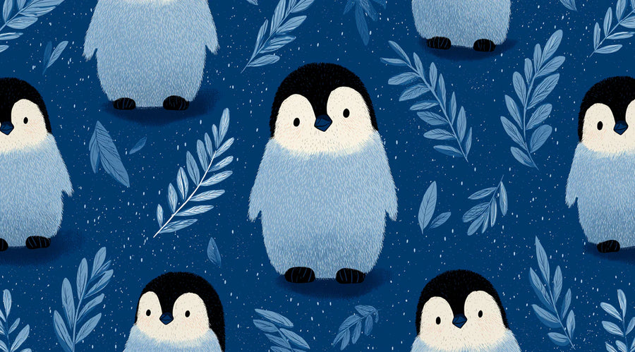 Kids Room Wallpaper Mural – Children Wall Mural – Baby Penguin Sketch — Whimsical Navy Blue Design printable artwork