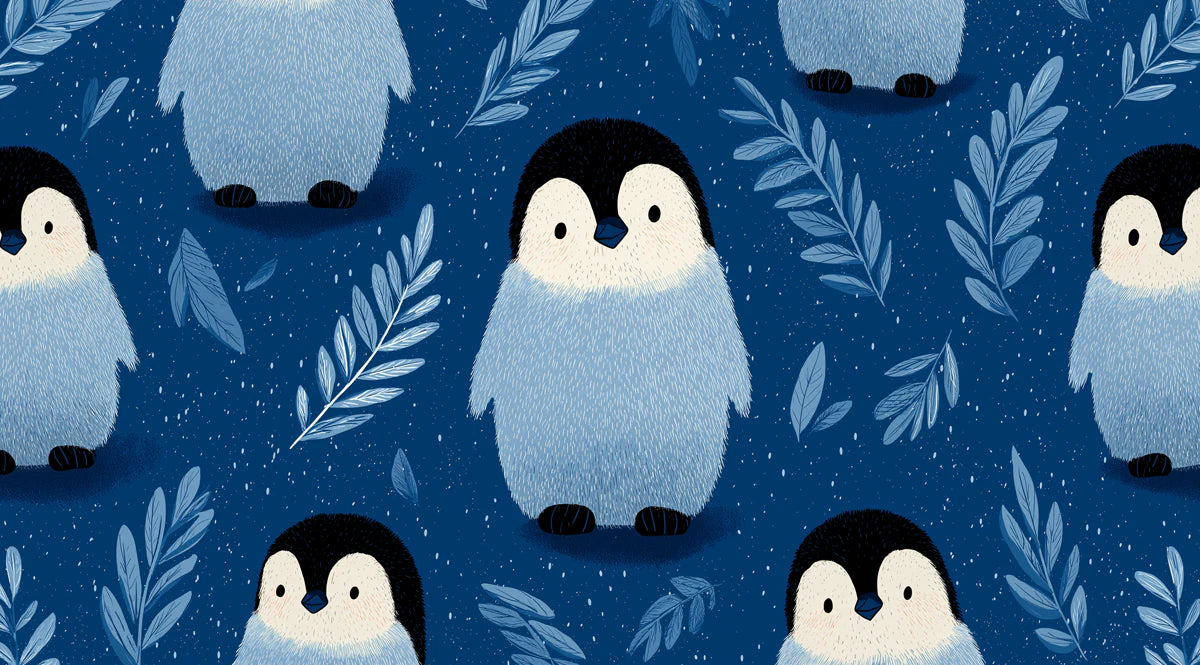 Baby Penguin Sketch Mural Wallpaper — Whimsical Navy Blue Design Mural Wallpaper - room preview 04