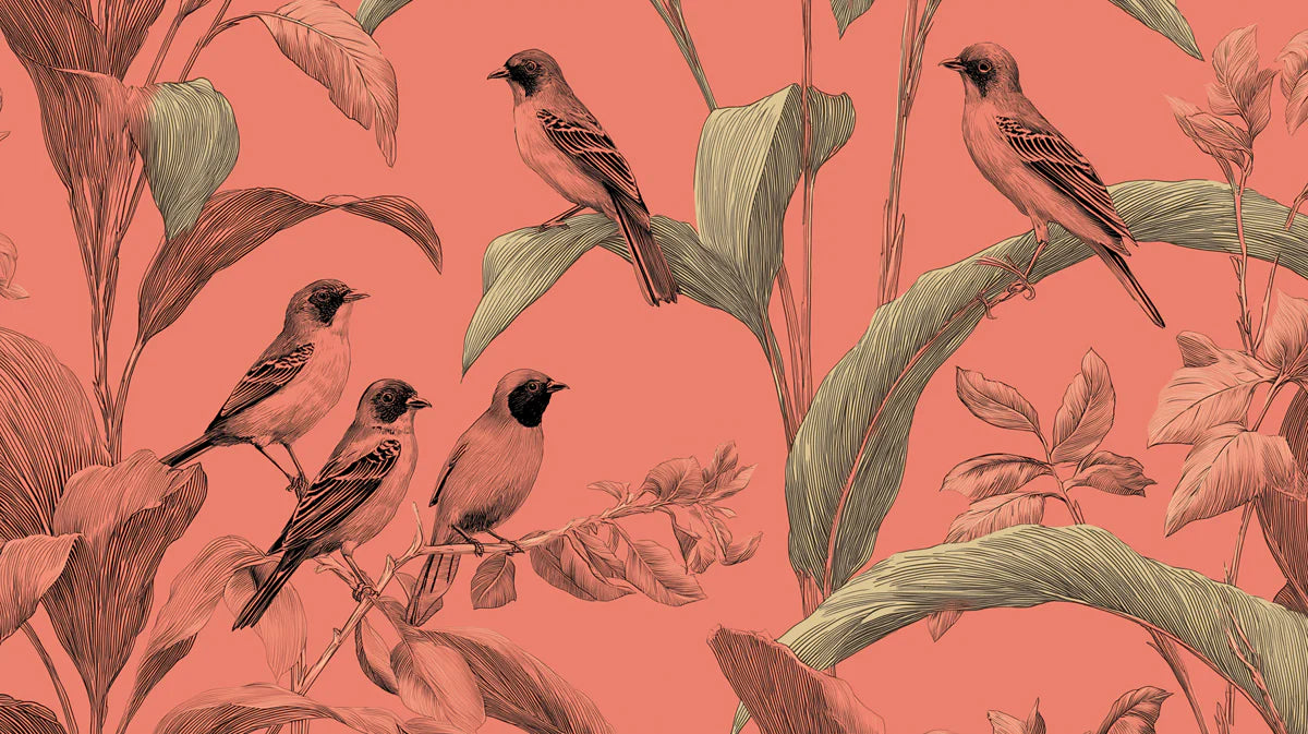 Tropical Bird and Botanical Mural Wallpaper — Coral & Sage Print Mural Wallpaper - room preview 04