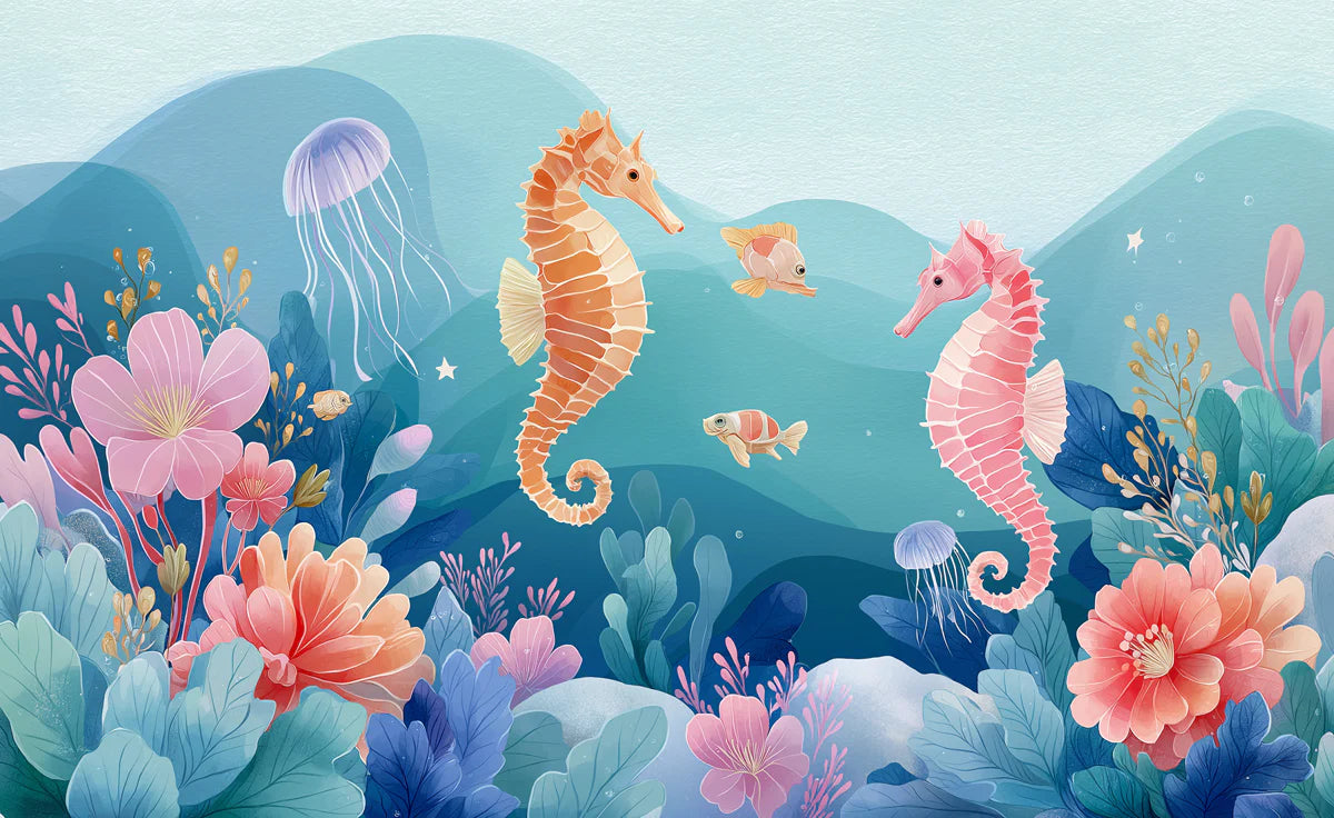 Whimsical Seahorse Garden Mural Wallpaper — Soft Pastel Marine Scene Mural Wallpaper - room preview 04