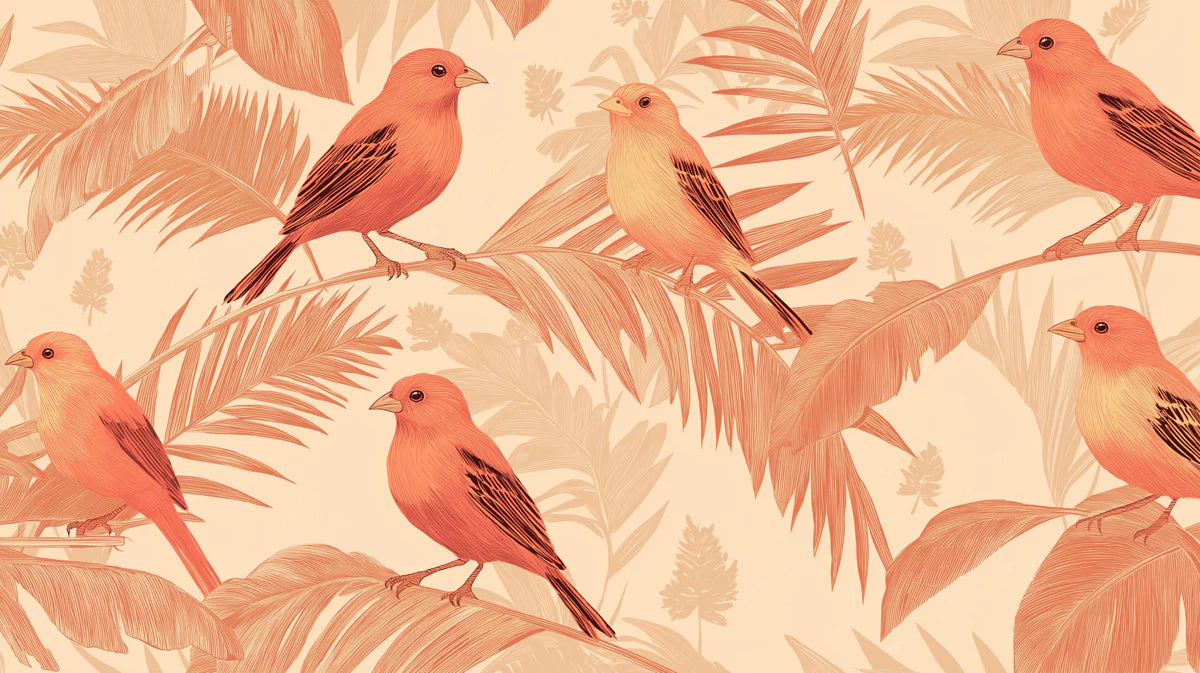 Classic Tropical Birds Mural Wallpaper Warm Coral & Green Print Mural Wallpaper - room preview 04