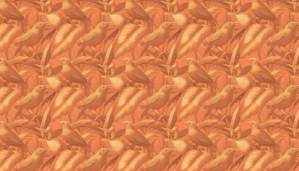 Monochromatic Bird and Leaf Mural Wallpaper —Warm Rustic Botanical Mural Wallpaper - room preview 04