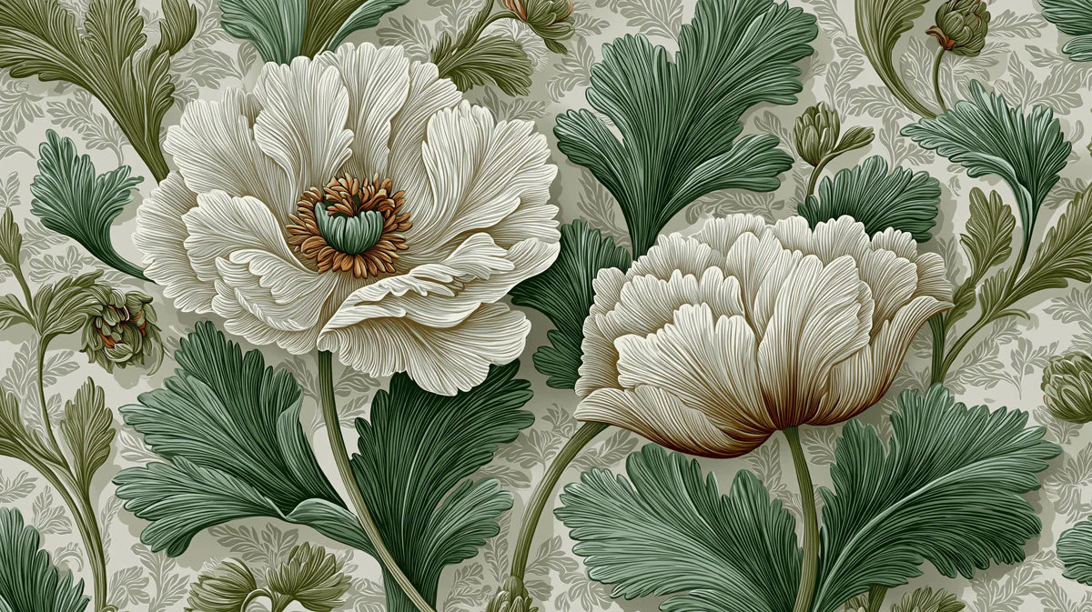 Vintage Peony Floral Mural Wallpaper — Classic Botanical Pattern Mural Wallpaper - room preview 04