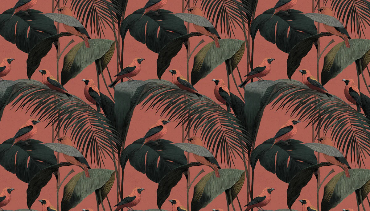 Tropical Bird and Palm Frond Mural Wallpaper — Terracotta Print Mural Wallpaper - room preview 04