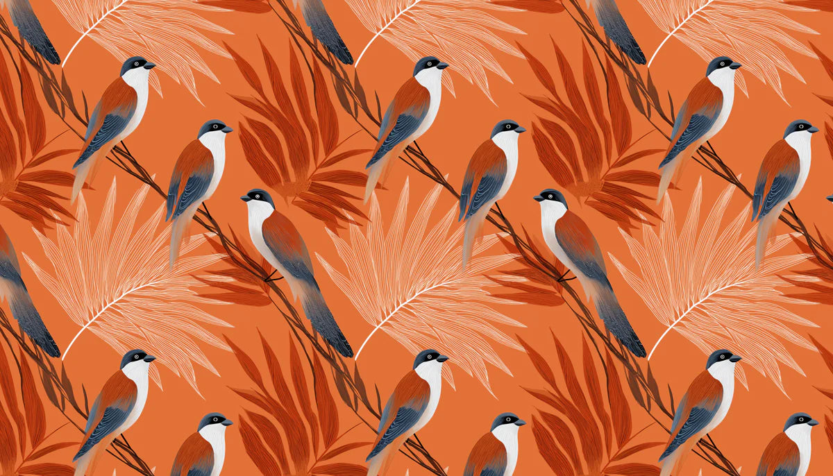 Birds and Botanical Leaf Mural Wallpaper — Vibrant Terracotta Print Mural Wallpaper - room preview 04