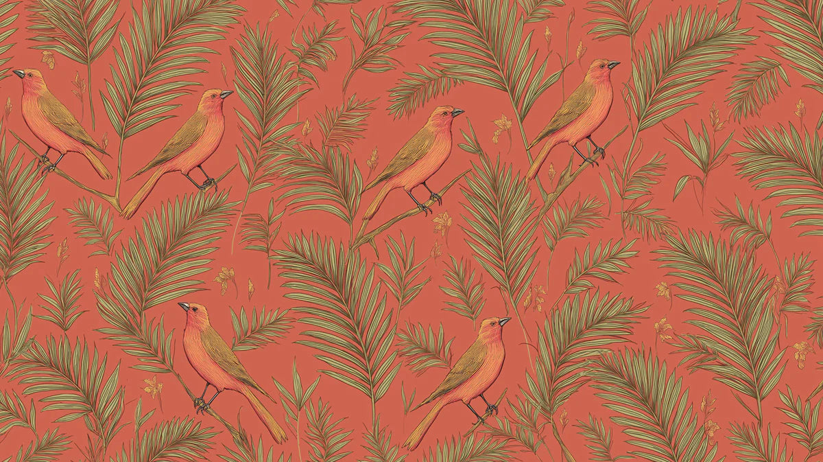 Classic Tropical Birds Mural Wallpaper Warm Coral & Green Print Mural Wallpaper - room preview 04