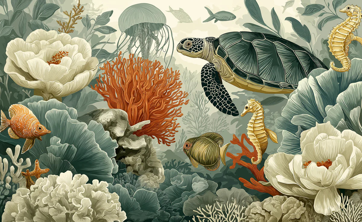 Underwater Botanical Coral Reef Mural Wallpaper for Coastal Spaces Mural Wallpaper - room preview 04