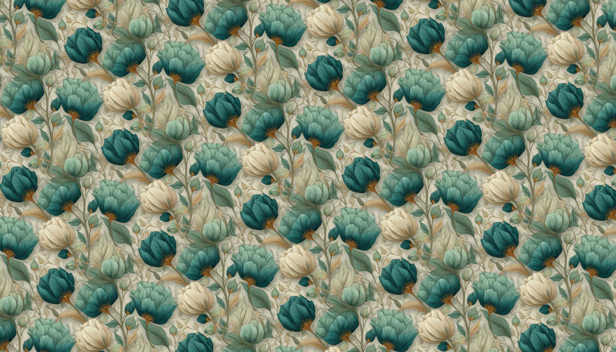 Teal and Cream Botanical Mural Wallpaper — Vintage Floral Style Mural Wallpaper - room preview 04