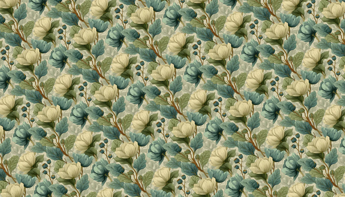 Vintage Botanical Mural Wallpaper — Cream and Dusty Teal Floral Mural Wallpaper - room preview 04