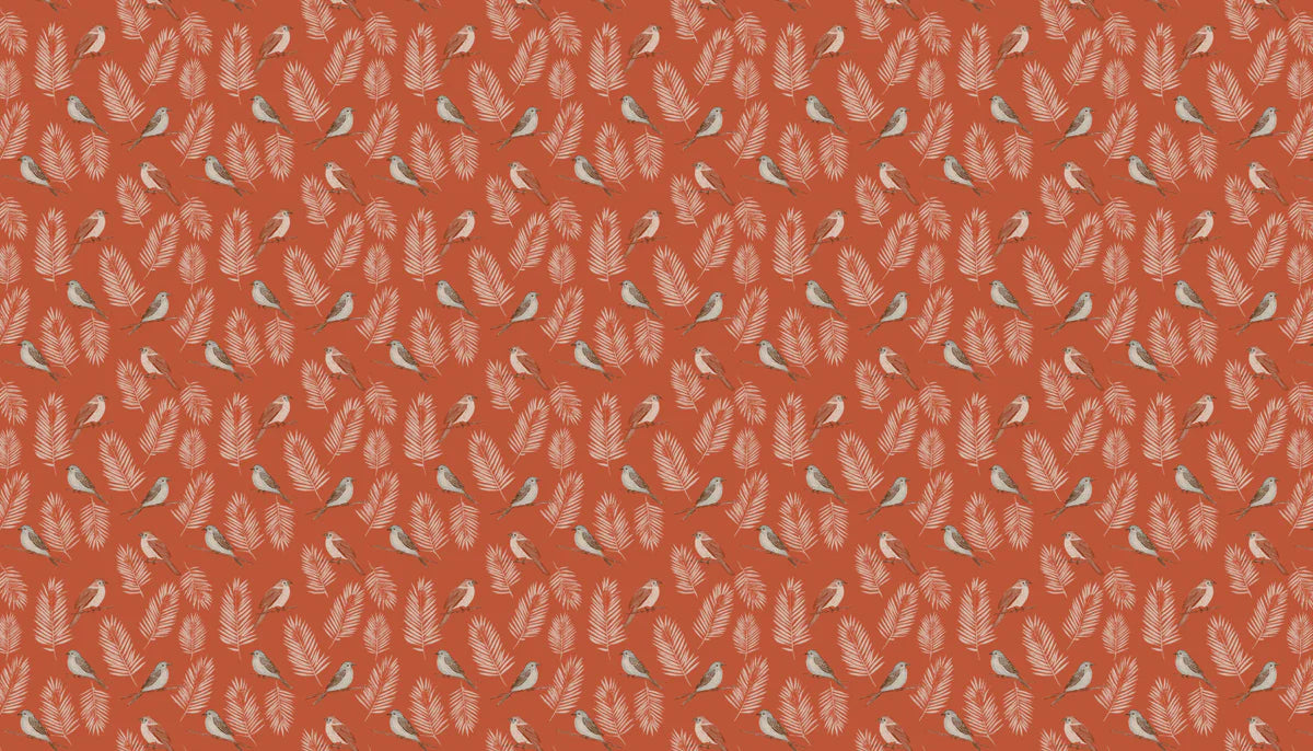 Terracotta Botanical Bird Mural Wallpaper — Classic Small-Scale Print Mural Wallpaper - room preview 04