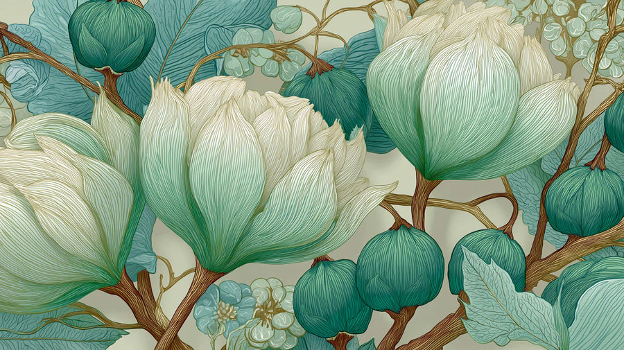 Nature Wallpaper Mural – Natural Wall Mural – Botanical Lotus Line Art — Soft Teal and Cream printable artwork