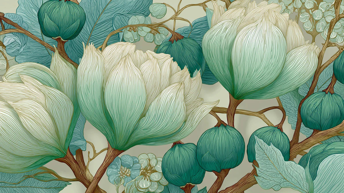 Botanical Lotus Line Art Mural Wallpaper — Soft Teal and Cream Mural Wallpaper - room preview 04