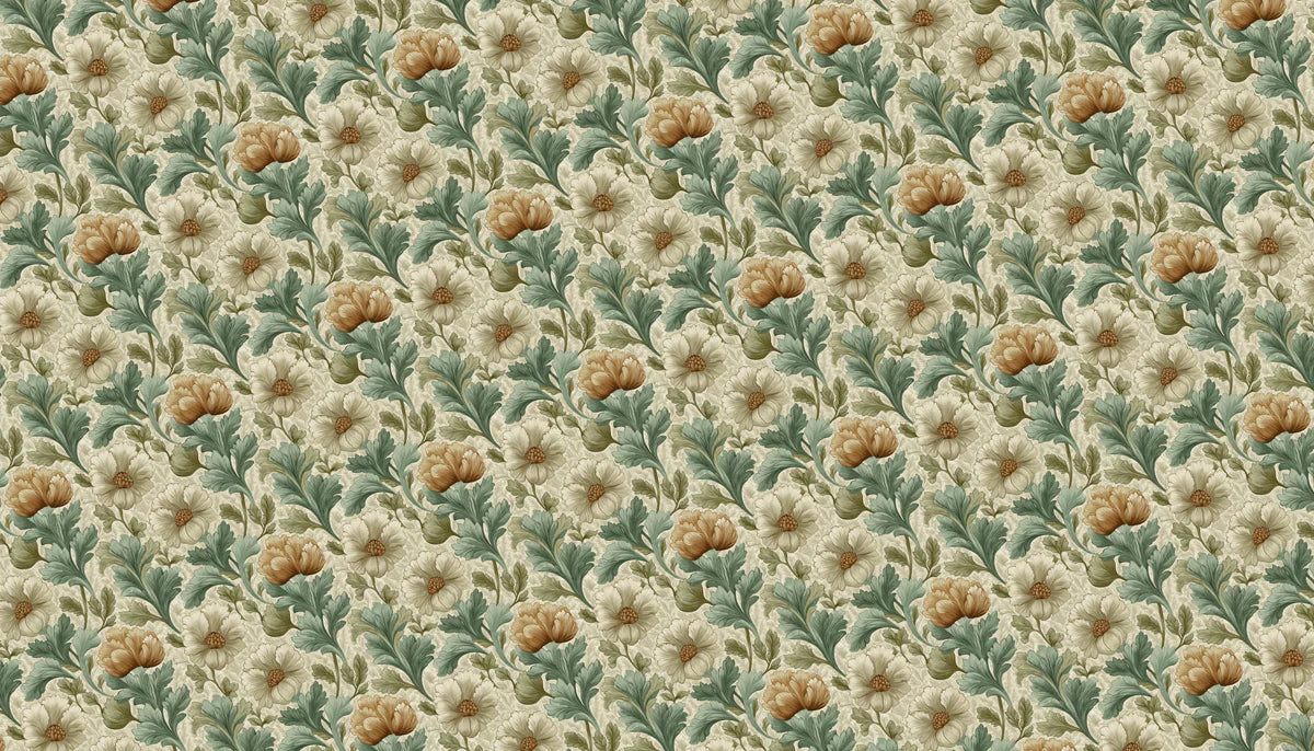 Vintage Botanical Floral Mural Wallpaper — Sage and Ochre Print Mural Wallpaper - room preview 04