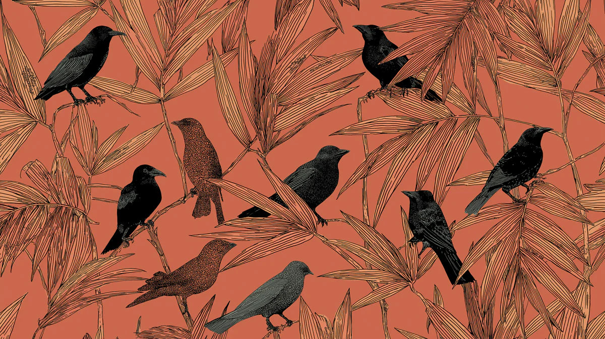 Birds and Bamboo Mural Wallpaper — Modern Terracotta and Black Mural Wallpaper - room preview 04