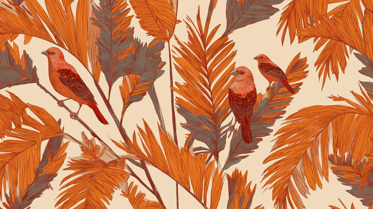 Rust Tropical Bird Mural Wallpaper — Warm Botanical Design Mural Wallpaper - room preview 04