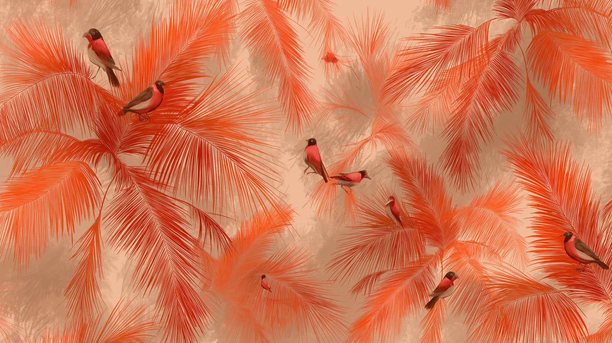 Tropical Palm and Finch Mural Wallpaper — Sunset Coral Palette Mural Wallpaper - room preview 04