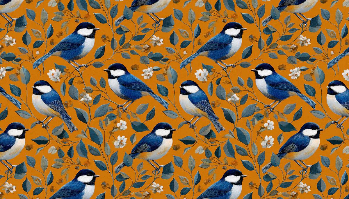 Blue Songbird Mural Wallpaper — Vintage Mustard Floral Print Mural Wallpaper - room preview 04