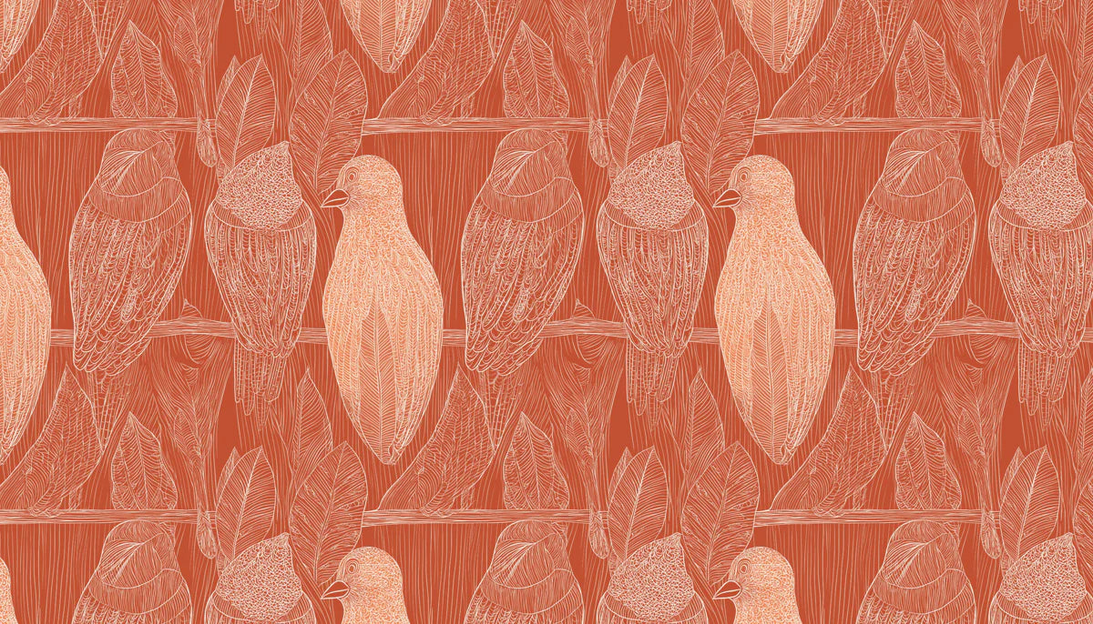 Stylized Bird and Feather Mural Wallpaper — Warm Terracotta Print Mural Wallpaper - room preview 04