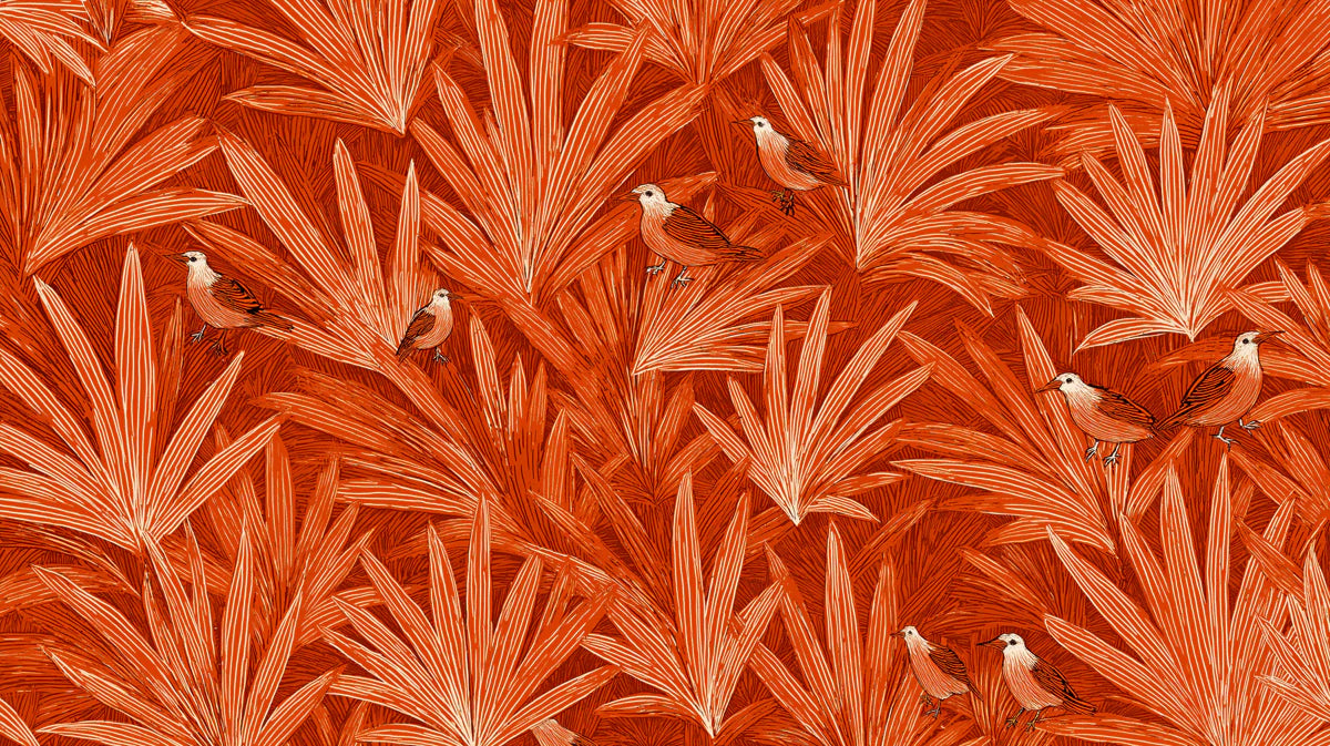 Rust Tropical Birds Mural Wallpaper — Bohemian Botanical Art Mural Wallpaper - room preview 04