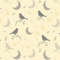 Stylized Bird and Crescent Moon Mural Wallpaper — Soft Cream Mural Wallpaper - room preview 04