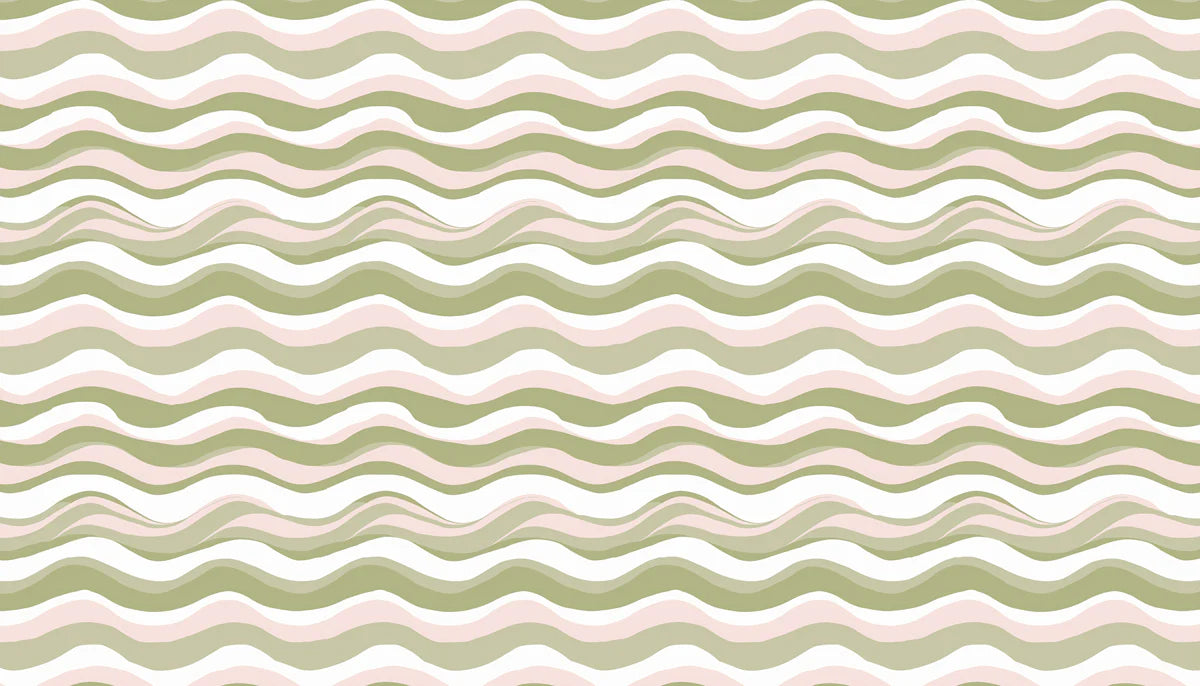Hand-Drawn Wavy Stripe Mural Wallpaper in Sage and Blush Mural Wallpaper - room preview 04