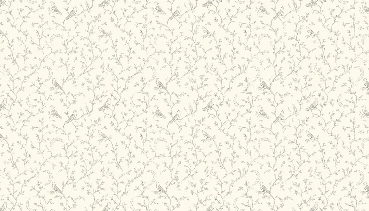 Crescent Moon and Bird Branch Mural Wallpaper — Cream and Charcoal Mural Wallpaper - room preview 04