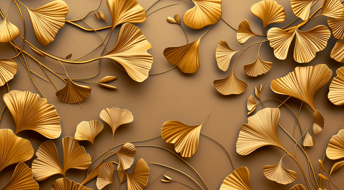 Sculptural Ginkgo Leaf Mural Wallpaper — Warm Gold and Tan Mural Wallpaper - room preview 04