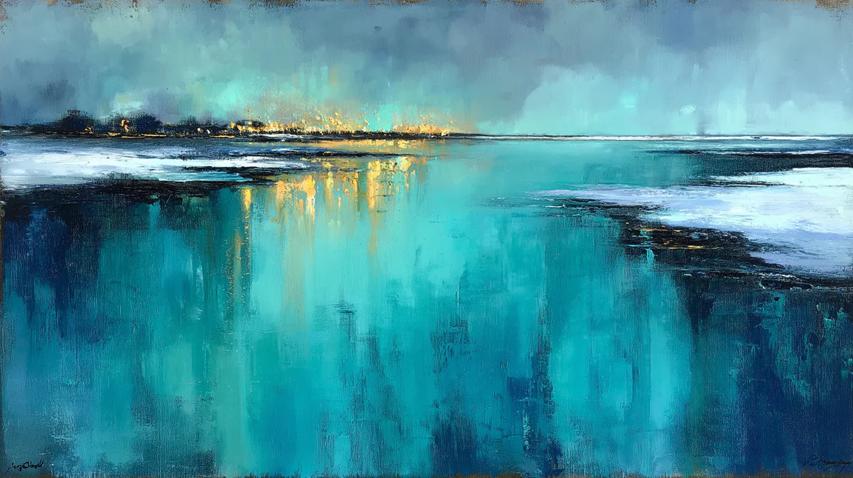 Abstract Horizon Seascape Mural Wallpaper — Impressionistic Blues Mural Wallpaper - room preview 04
