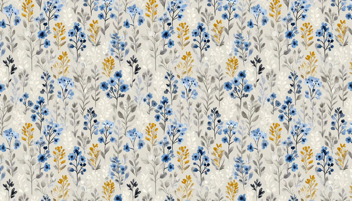 Watercolor Wildflower Mural Wallpaper — Blue and Ochre Floral Mural Wallpaper - room preview 04