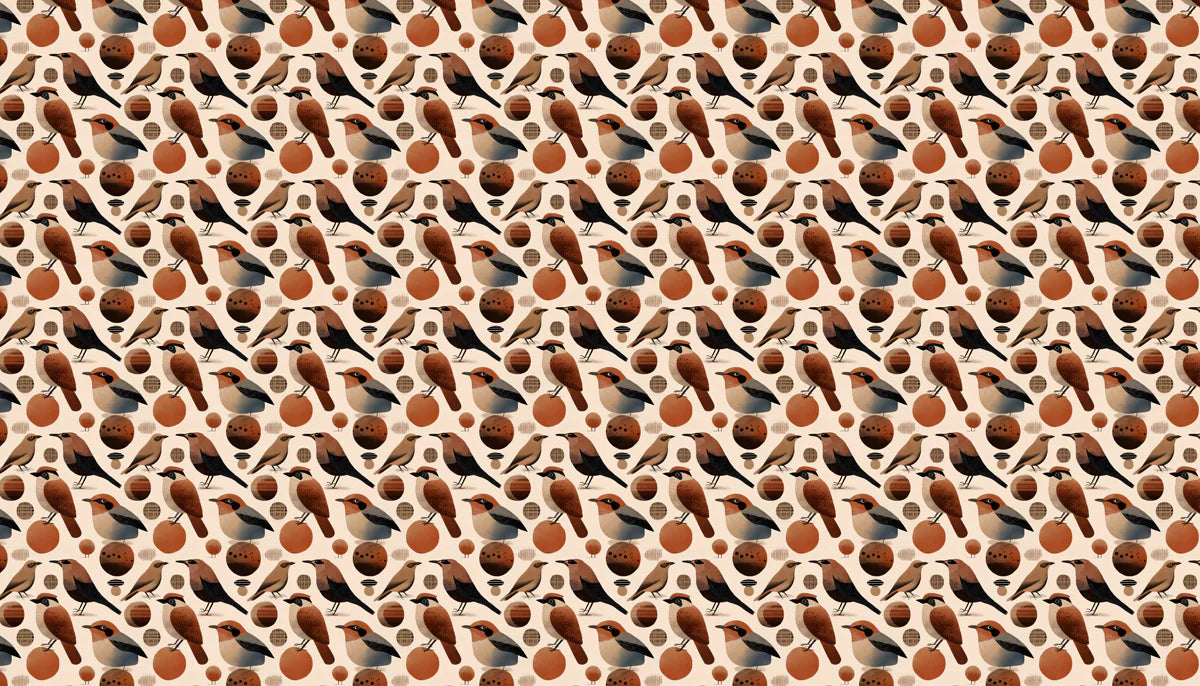 Folk Bird and Circle Mural Wallpaper — Whimsical Earthy Pattern Mural Wallpaper - room preview 04