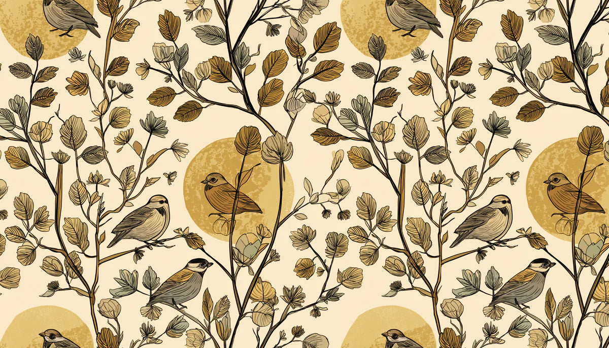 Sketchy Botanical Bird Mural Wallpaper in Earthy Ochre Tones Mural Wallpaper - room preview 04