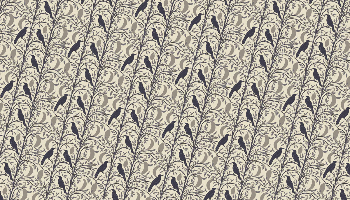 Folkloric Bird and Branch Mural Wallpaper — Dark Academia Style Mural Wallpaper - room preview 04