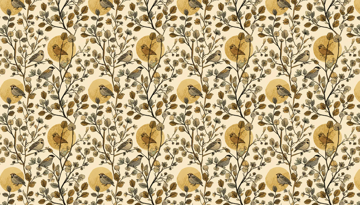 Autumnal Bird and Branch Mural Wallpaper in Golden Ochre Mural Wallpaper - room preview 04