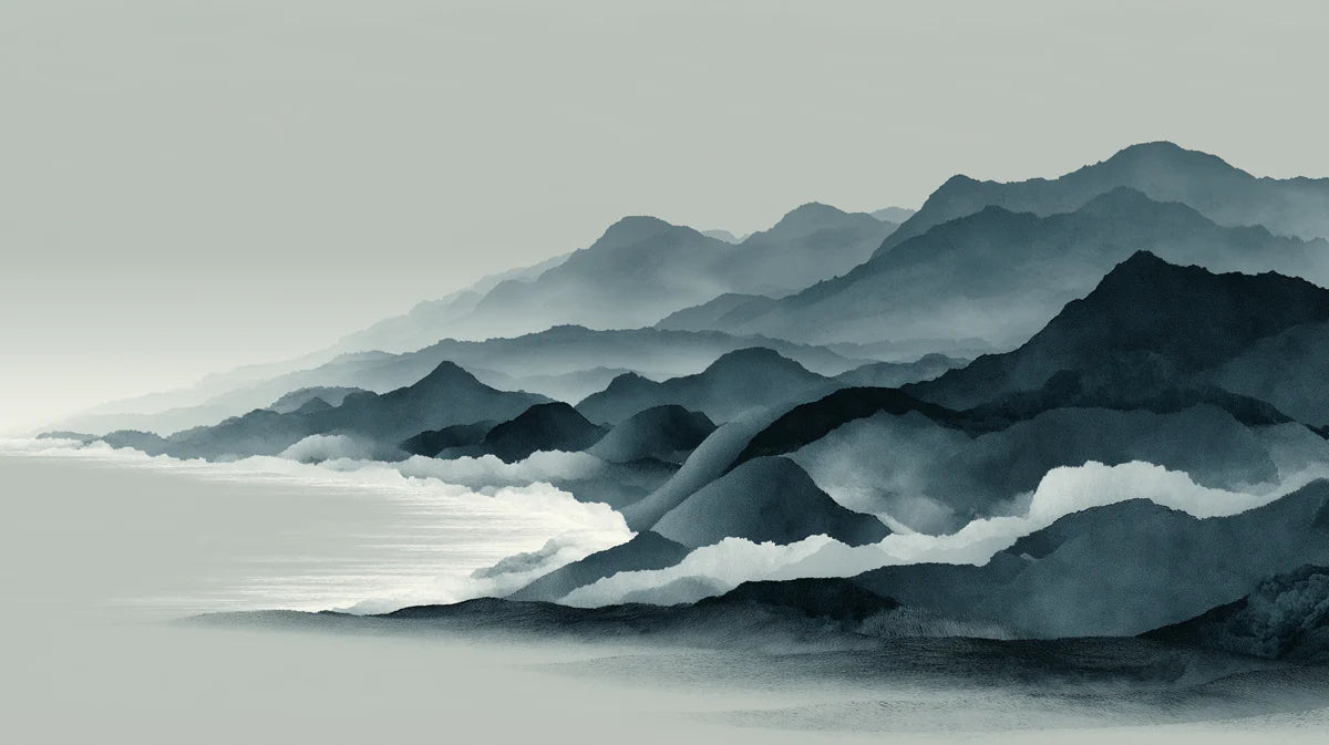 Misty Mountain Ink Wash Mural Wallpaper — Gray Landscape Art Mural Wallpaper - room preview 04