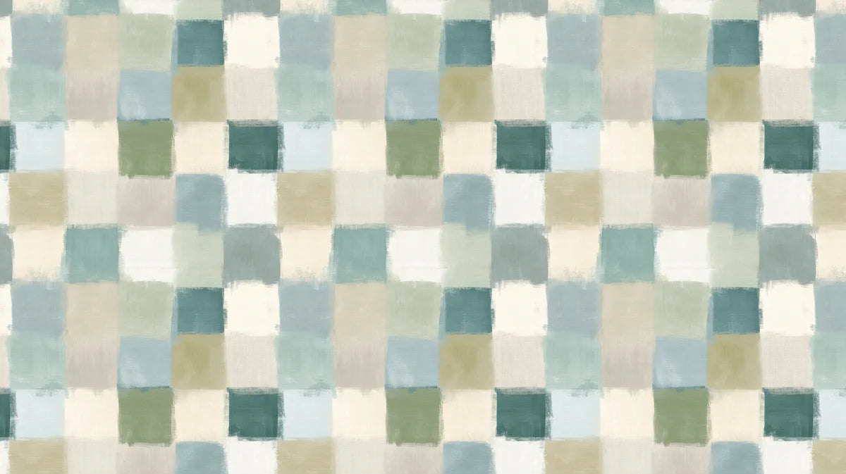 Painterly Checkered Mural Wallpaper in Muted Blue and Green Tones Mural Wallpaper - room preview 04