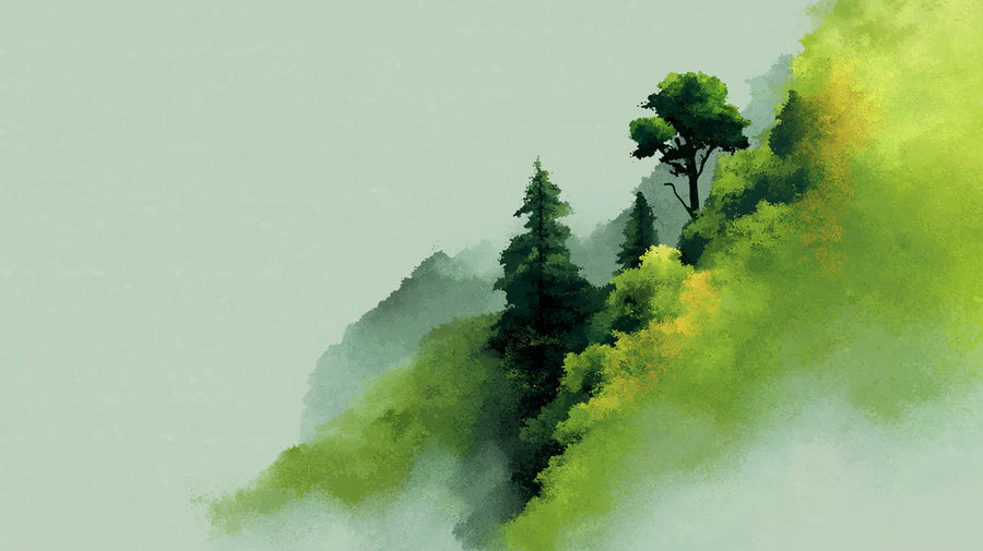 Misty Forest Hillside Mural Tapete — Sanfte Malerische Landschaft-Wandgemälde Tapete printable artwork