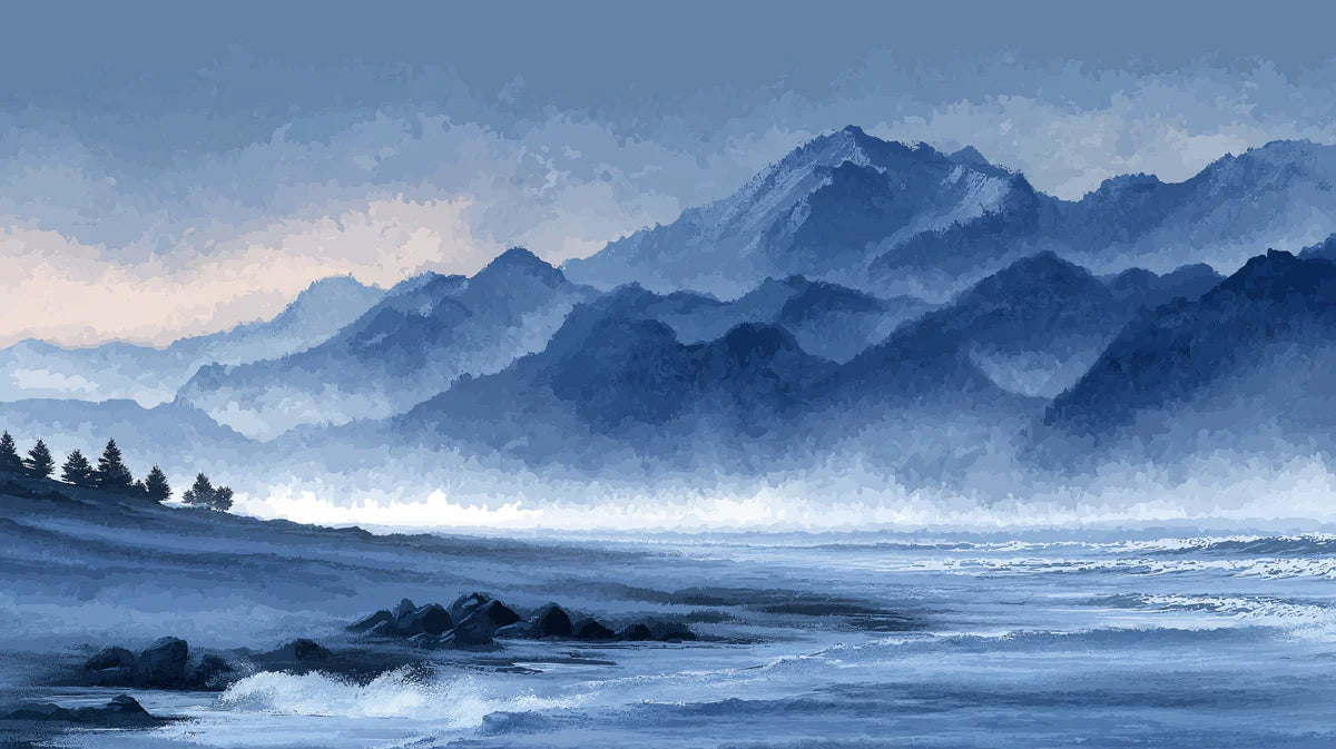 Misty Mountain Coast Mural Wallpaper — Impressionistic Blue Landscape Mural Wallpaper - room preview 04