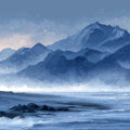 Misty Mountain Coast Mural Wallpaper — Impressionistic Blue Landscape Mural Wallpaper - room preview 04