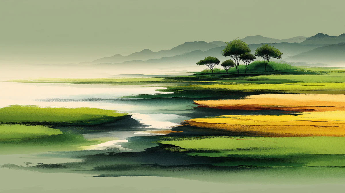 Abstract Horizon Mural Wallpaper — Painterly Pastoral Landscape Mural Wallpaper - room preview 04