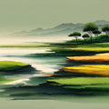 Abstract Horizon Mural Wallpaper — Painterly Pastoral Landscape Mural Wallpaper - room preview 04
