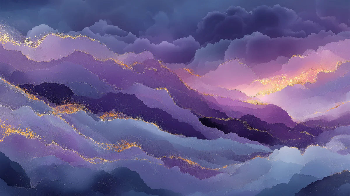 Celestial Peaks Mural Wallpaper — Abstract Purple and Gold Clouds Mural Wallpaper - room preview 04