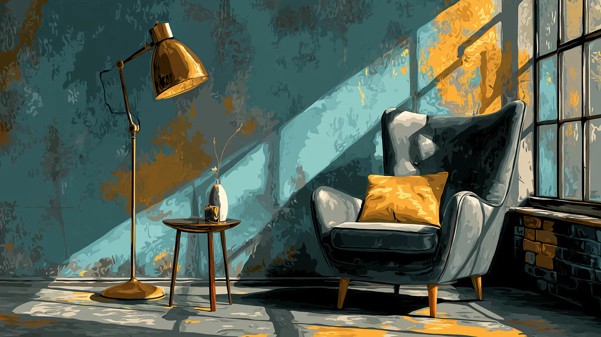 Sunlit Abstract Teal and Ochre Mural Wallpaper — Artistic Interior Mural Wallpaper - room preview 04