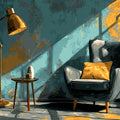 Sunlit Abstract Teal and Ochre Mural Wallpaper — Artistic Interior Mural Wallpaper - room preview 04