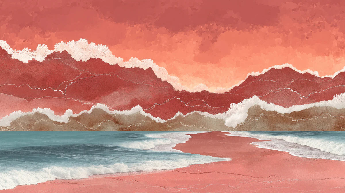 Surreal Coastal Landscape Mural Wallpaper — Dreamy Coral and Sea Mural Wallpaper - room preview 04