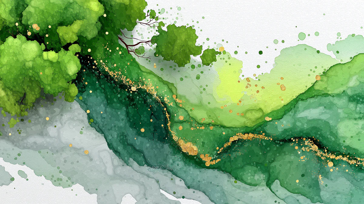 Verdant Agate Mural Wallpaper — Fluid Green and Gold Ink Art Mural Wallpaper - room preview 04