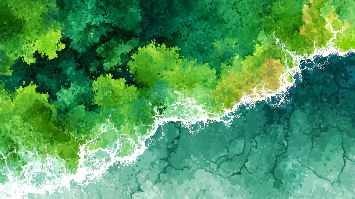 Aerial Coastline Mural Wallpaper — Impressionistic Forest and Ocean Mural Wallpaper - room preview 04