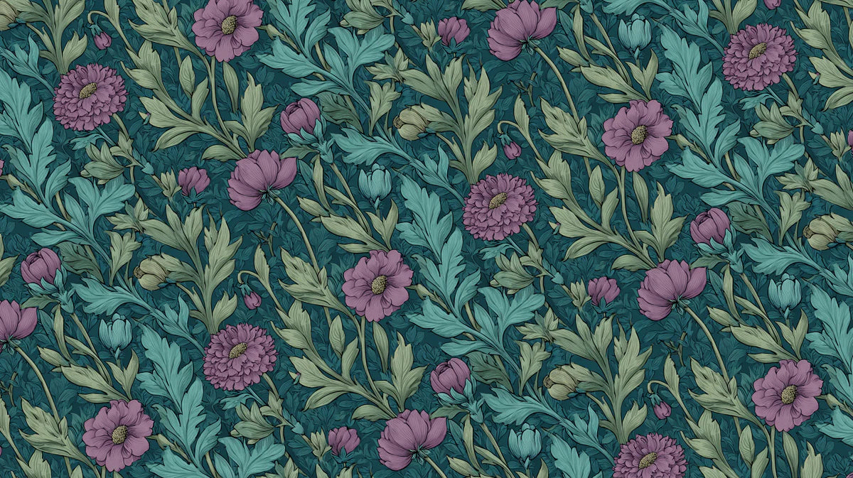 Botanical Floral Mural Wallpaper — Moody Teal and Violet Pattern Mural Wallpaper - room preview 04